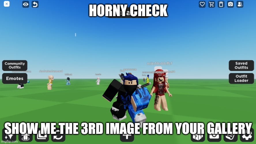 Zero the robloxian | HORNY CHECK; SHOW ME THE 3RD IMAGE FROM YOUR GALLERY | image tagged in zero the robloxian | made w/ Imgflip meme maker
