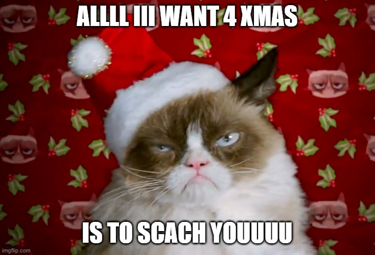 meow murders | ALLLL III WANT 4 XMAS; IS TO SCACH YOUUUU | image tagged in grumpy cat xmas | made w/ Imgflip meme maker
