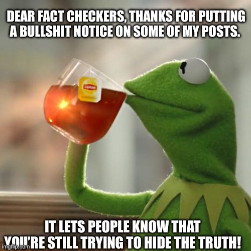 If they fact check anything it means it’s true | DEAR FACT CHECKERS, THANKS FOR PUTTING A BULLSHIT NOTICE ON SOME OF MY POSTS. IT LETS PEOPLE KNOW THAT YOU’RE STILL TRYING TO HIDE THE TRUTH! | image tagged in fact check,opposite,censorship,told you do | made w/ Imgflip meme maker