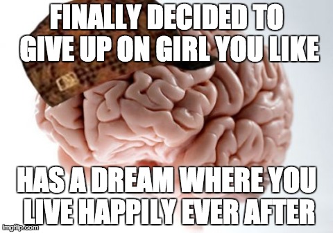 Scumbag Brain Meme | FINALLY DECIDED TO GIVE UP ON GIRL YOU LIKE HAS A DREAM WHERE YOU LIVE HAPPILY EVER AFTER | image tagged in memes,scumbag brain,AdviceAnimals | made w/ Imgflip meme maker