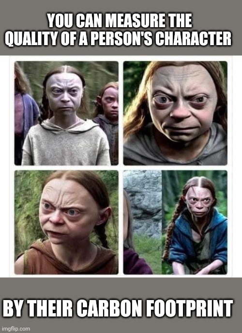 Greta as Gollum | YOU CAN MEASURE THE QUALITY OF A PERSON'S CHARACTER; BY THEIR CARBON FOOTPRINT | image tagged in greta as gollum | made w/ Imgflip meme maker