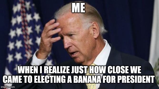 We almost elected a piece of fruit for president | ME; WHEN I REALIZE JUST HOW CLOSE WE CAME TO ELECTING A BANANA FOR PRESIDENT | image tagged in joe biden worries | made w/ Imgflip meme maker
