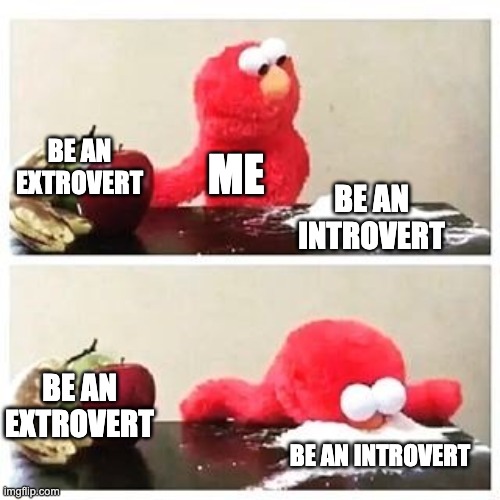 Life | BE AN EXTROVERT; ME; BE AN INTROVERT; BE AN EXTROVERT; BE AN INTROVERT | image tagged in elmo cocaine | made w/ Imgflip meme maker