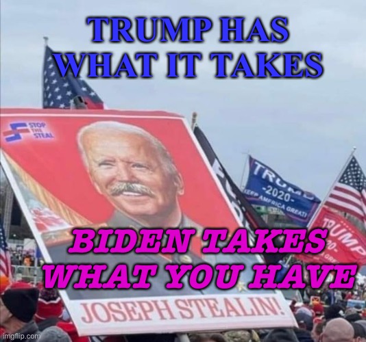 Biden takes what you have | TRUMP HAS WHAT IT TAKES; BIDEN TAKES WHAT YOU HAVE | image tagged in joe biden | made w/ Imgflip meme maker
