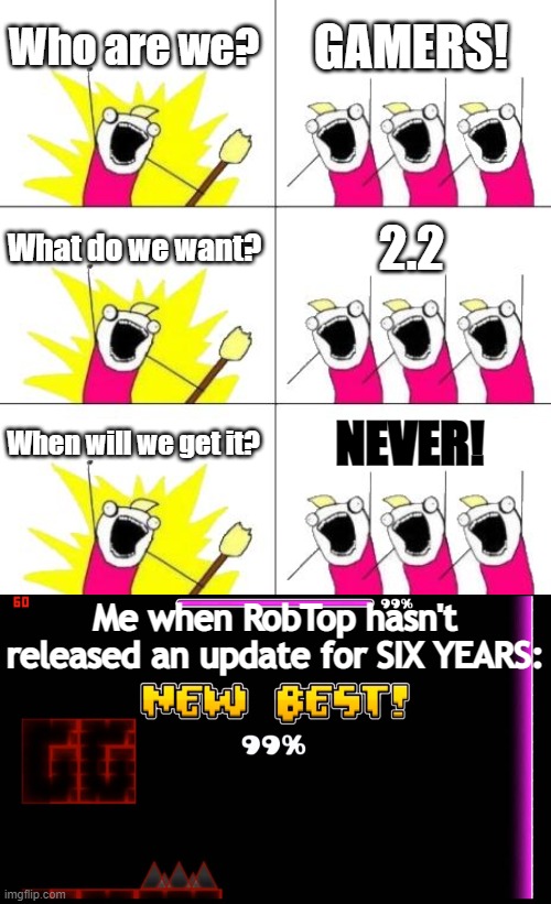 Please release 2.2 RobTop :( | Who are we? GAMERS! What do we want? 2.2; When will we get it? NEVER! Me when RobTop hasn't released an update for SIX YEARS: | image tagged in what do we want 3,geometry dash in a nutshell | made w/ Imgflip meme maker