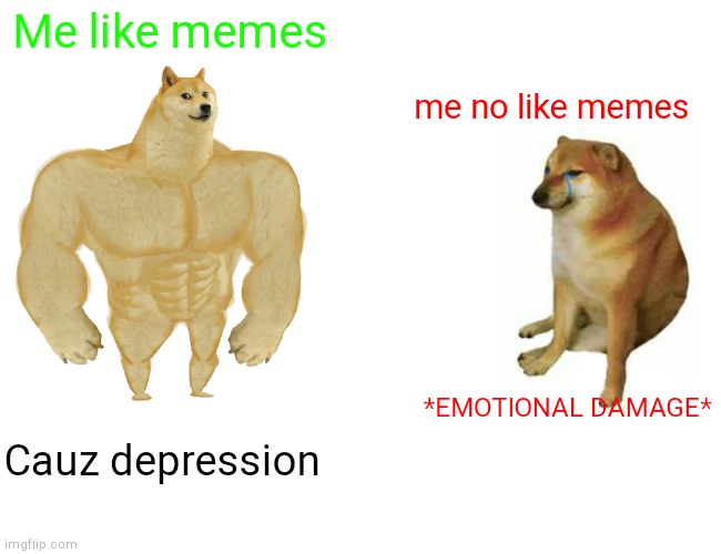 Made By ¥-Luis-¥ | Me like memes; me no like memes; *EMOTIONAL DAMAGE*; Cauz depression | image tagged in memes,buff doge vs cheems | made w/ Imgflip meme maker