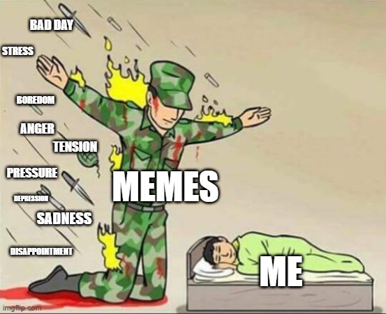 Where would iI be without memes? | BAD DAY; STRESS; BOREDOM; ANGER; TENSION; PRESSURE; MEMES; DEPRESSION; SADNESS; ME; DISAPPOINTMENT | image tagged in soldier protecting sleeping child,memes,relatable memes | made w/ Imgflip meme maker