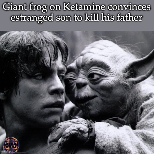 Star Wars plot | Giant frog on Ketamine convinces estranged son to kill his father | image tagged in yoda luke,plot twist | made w/ Imgflip meme maker