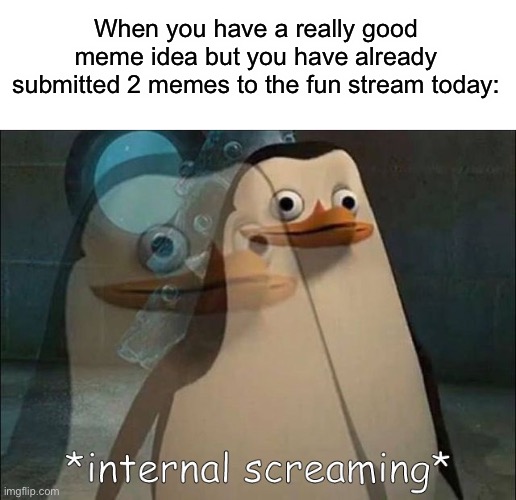 Always happens to me… then I forget the meme ideas | When you have a really good meme idea but you have already submitted 2 memes to the fun stream today: | image tagged in private internal screaming,memes,fun stream,funny,relatable | made w/ Imgflip meme maker