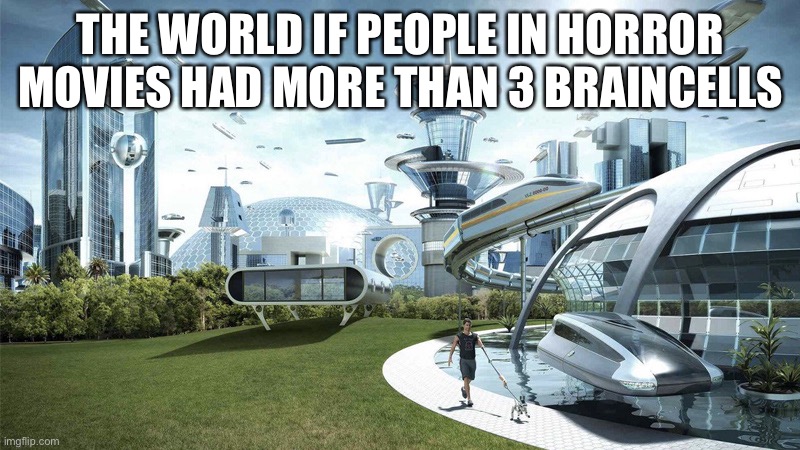 Fr |  THE WORLD IF PEOPLE IN HORROR MOVIES HAD MORE THAN 3 BRAINCELLS | image tagged in the future world if | made w/ Imgflip meme maker