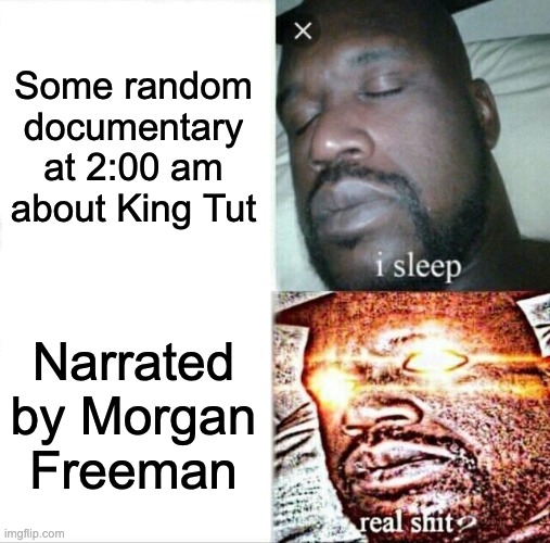 Sleeping Shaq | Some random documentary at 2:00 am about King Tut; Narrated by Morgan Freeman | image tagged in memes,sleeping shaq | made w/ Imgflip meme maker