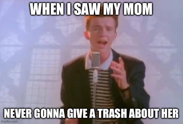 Rick Astley | WHEN I SAW MY MOM; NEVER GONNA GIVE A TRASH ABOUT HER | image tagged in rick astley | made w/ Imgflip meme maker