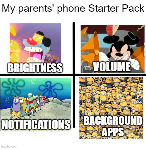 This is kinda true tho | My parents' phone Starter Pack; BRIGHTNESS; VOLUME; NOTIFICATIONS; BACKGROUND APPS | image tagged in memes,blank starter pack,parents,starter pack | made w/ Imgflip meme maker