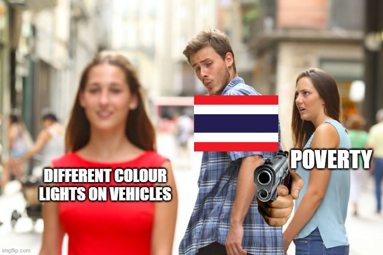 It's just my POV | POVERTY; DIFFERENT COLOUR LIGHTS ON VEHICLES | image tagged in memes,distracted boyfriend | made w/ Imgflip meme maker