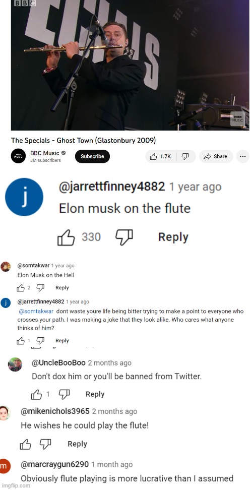I don't even think this should go to cursedcomments or awesomemusic! | image tagged in elon musk,flute,ghost town,the specials,glastonbury | made w/ Imgflip meme maker