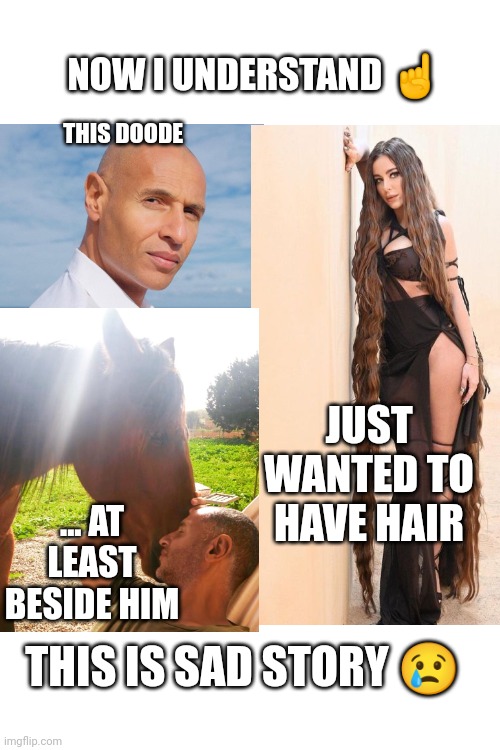 love is a bitch, is't it | NOW I UNDERSTAND ☝️; THIS DOODE; JUST WANTED TO HAVE HAIR; ... AT LEAST BESIDE HIM; THIS IS SAD STORY 😢 | image tagged in memes,smiling cat | made w/ Imgflip meme maker