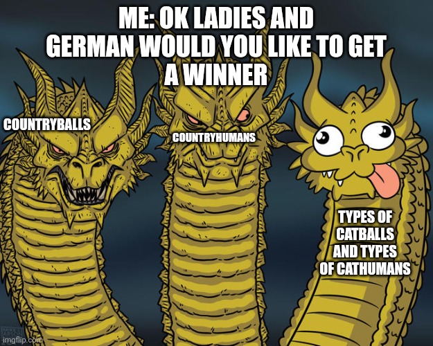 three-headed dragons | ME: OK LADIES AND
GERMAN WOULD YOU LIKE TO GET
A WINNER; COUNTRYBALLS; COUNTRYHUMANS; TYPES OF CATBALLS
AND TYPES OF CATHUMANS | image tagged in three-headed dragon,countryballs,countryhumans | made w/ Imgflip meme maker