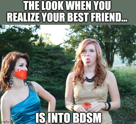 You're into mmph?! | THE LOOK WHEN YOU REALIZE YOUR BEST FRIEND... IS INTO BDSM | image tagged in bdsm,bondage,duct tape,best friends,crazy girlfriend,silence | made w/ Imgflip meme maker