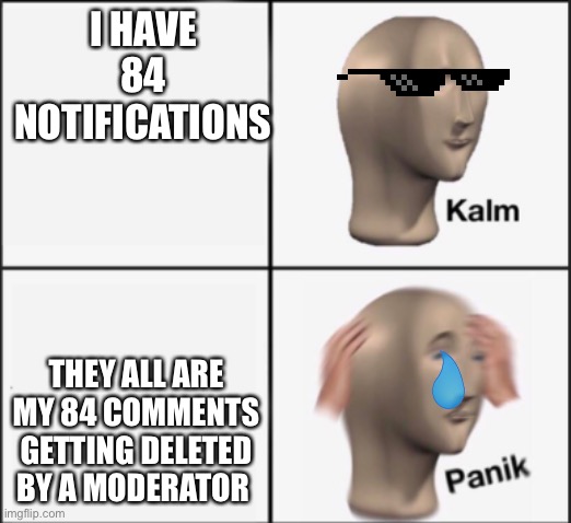 Nooooooooooo why | I HAVE 84 NOTIFICATIONS; THEY ALL ARE MY 84 COMMENTS GETTING DELETED BY A MODERATOR | image tagged in kalm panik | made w/ Imgflip meme maker