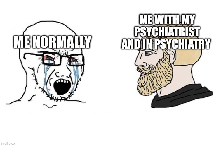 Haha I am back bitches | ME NORMALLY; ME WITH MY PSYCHIATRIST AND IN PSYCHIATRY | image tagged in soyboy vs yes chad | made w/ Imgflip meme maker
