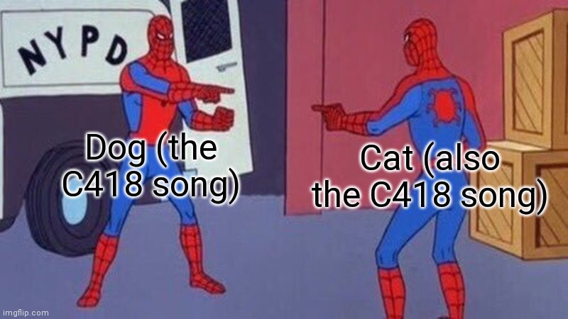 Minecraft discs | Dog (the C418 song); Cat (also the C418 song) | image tagged in spiderman pointing at spiderman | made w/ Imgflip meme maker