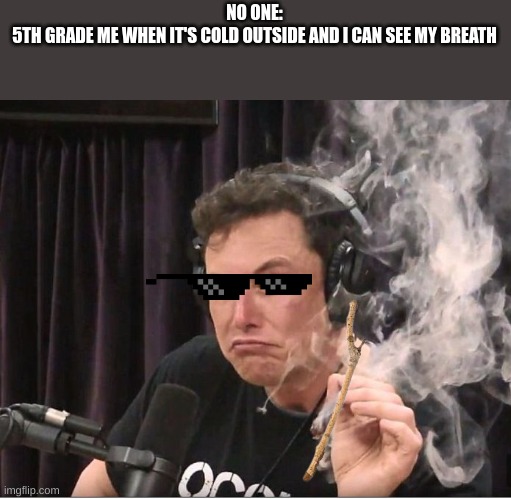 its pretty cold here | NO ONE:
5TH GRADE ME WHEN IT'S COLD OUTSIDE AND I CAN SEE MY BREATH | image tagged in elon musk smoking a joint | made w/ Imgflip meme maker