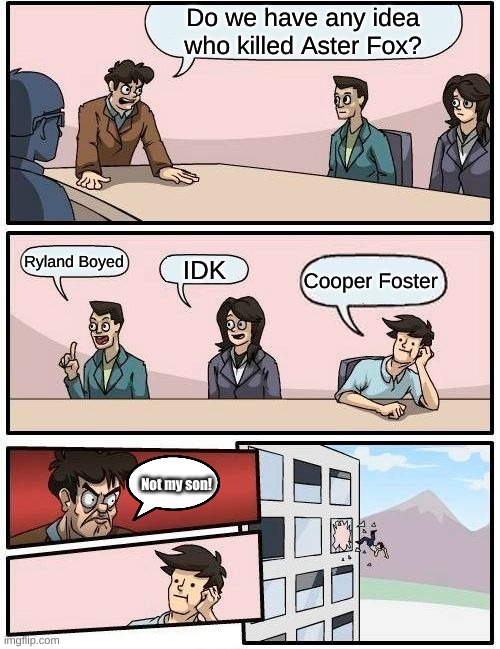 IDEK | Do we have any idea who killed Aster Fox? Ryland Boyed; IDK; Cooper Foster; Not my son! | image tagged in memes,boardroom meeting suggestion | made w/ Imgflip meme maker