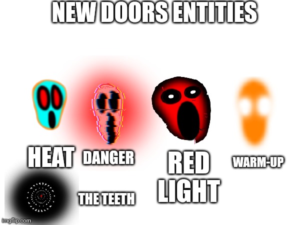 NEW DOORS ENTITIES; DANGER; WARM-UP; HEAT; RED LIGHT; THE TEETH | made w/ Imgflip meme maker