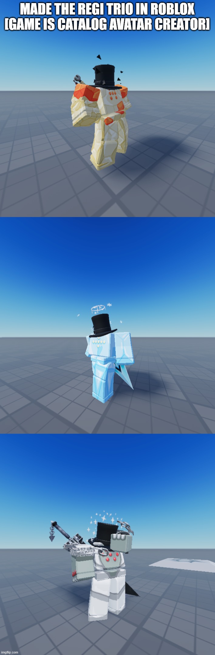 Made the Regi trio in Roblox | MADE THE REGI TRIO IN ROBLOX [GAME IS CATALOG AVATAR CREATOR] | image tagged in roblox,pokemon,avatar | made w/ Imgflip meme maker