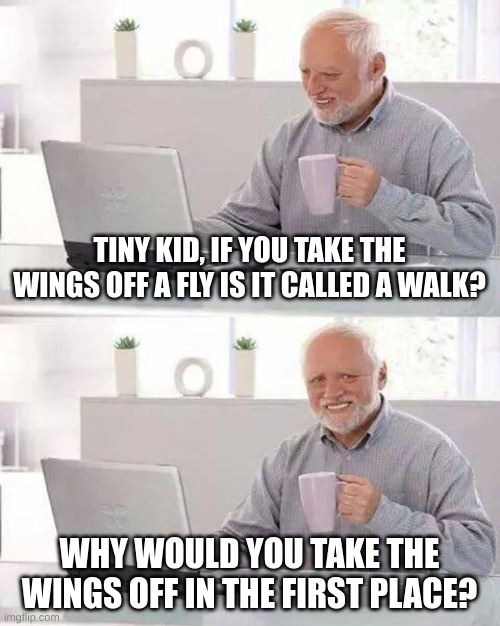 Hide the Pain Harold | TINY KID, IF YOU TAKE THE WINGS OFF A FLY IS IT CALLED A WALK? WHY WOULD YOU TAKE THE WINGS OFF IN THE FIRST PLACE? | image tagged in memes,hide the pain harold | made w/ Imgflip meme maker