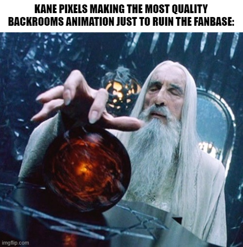 Saruman and Palantir | KANE PIXELS MAKING THE MOST QUALITY BACKROOMS ANIMATION JUST TO RUIN THE FANBASE: | image tagged in saruman and palantir | made w/ Imgflip meme maker