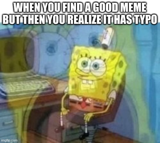 Inside Screaming Spongebob | WHEN YOU FIND A GOOD MEME BUT THEN YOU REALIZE IT HAS TYPO | image tagged in inside screaming spongebob,meme,typo | made w/ Imgflip meme maker