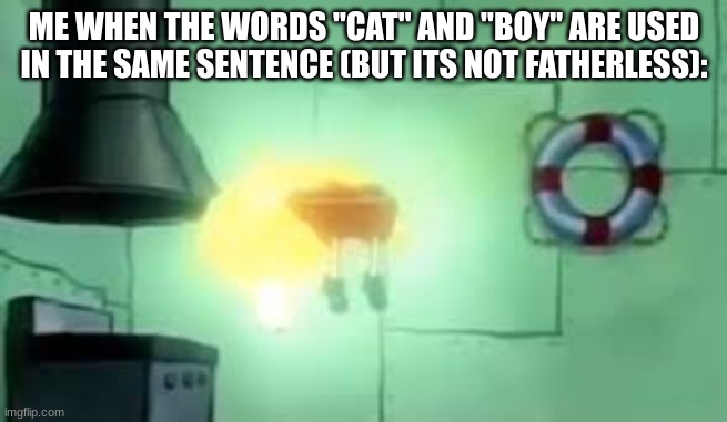 Floating Spongebob | ME WHEN THE WORDS "CAT" AND "BOY" ARE USED IN THE SAME SENTENCE (BUT ITS NOT FATHERLESS): | image tagged in floating spongebob | made w/ Imgflip meme maker