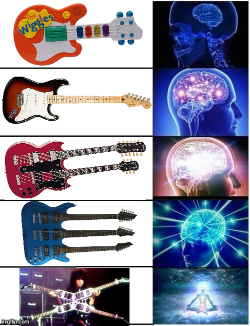 This Michael Angelo Batio (for anyone who doesn't know him) | image tagged in expanding brain 5 panel | made w/ Imgflip meme maker
