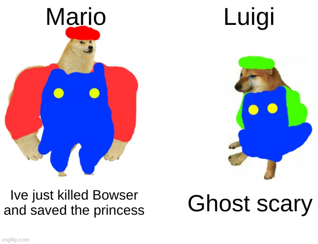 Mario and Luigi be like | Mario; Luigi; Ive just killed Bowser and saved the princess; Ghost scary | image tagged in memes,buff doge vs cheems | made w/ Imgflip meme maker