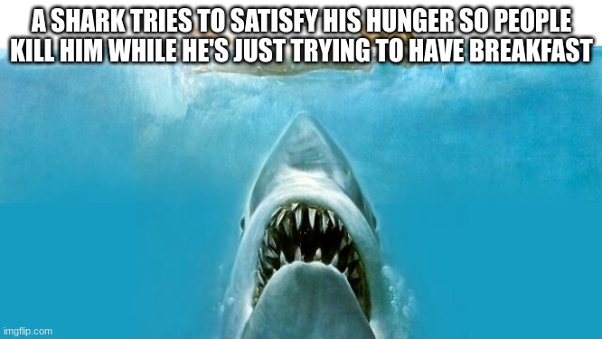 Jaws | A SHARK TRIES TO SATISFY HIS HUNGER SO PEOPLE KILL HIM WHILE HE'S JUST TRYING TO HAVE BREAKFAST | image tagged in jaws,explain a plot badly | made w/ Imgflip meme maker