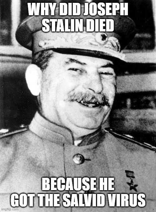 he got the Stalvid virus | WHY DID JOSEPH STALIN DIED; BECAUSE HE GOT THE SALVID VIRUS | image tagged in stalin smile | made w/ Imgflip meme maker