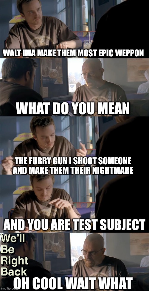 Dumb thing | WALT IMA MAKE THEM MOST EPIC WEPPON; WHAT DO YOU MEAN; THE FURRY GUN I SHOOT SOMEONE AND MAKE THEM THEIR NIGHTMARE; AND YOU ARE TEST SUBJECT; OH COOL WAIT WHAT | image tagged in jesse wtf are you talking about | made w/ Imgflip meme maker