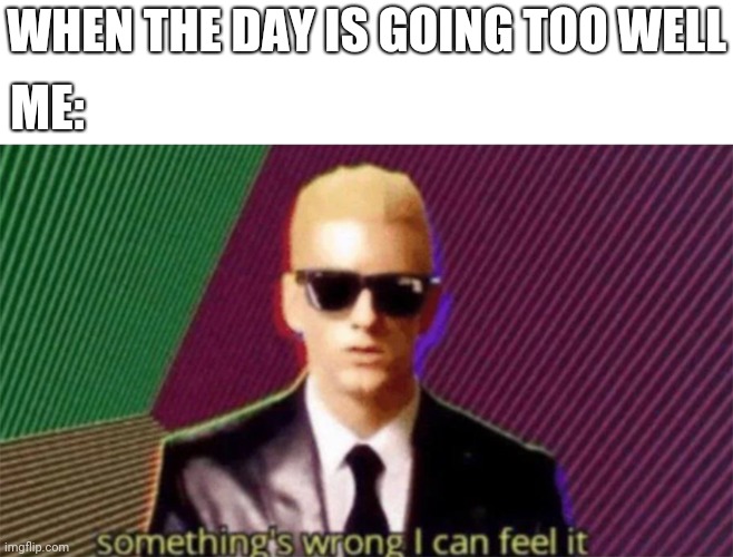 something's wrong i can feel it | WHEN THE DAY IS GOING TOO WELL; ME: | image tagged in something's wrong i can feel it | made w/ Imgflip meme maker