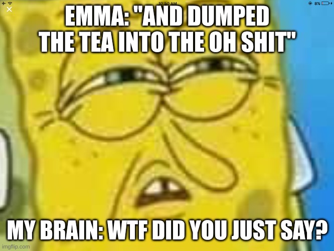 Emma, its the OCEAN | EMMA: "AND DUMPED THE TEA INTO THE OH SHIT"; MY BRAIN: WTF DID YOU JUST SAY? | image tagged in wtf | made w/ Imgflip meme maker