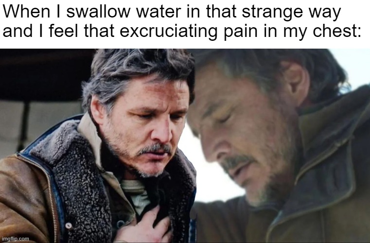 That pain | When I swallow water in that strange way and I feel that excruciating pain in my chest: | image tagged in pain,water,swallow,pascal | made w/ Imgflip meme maker