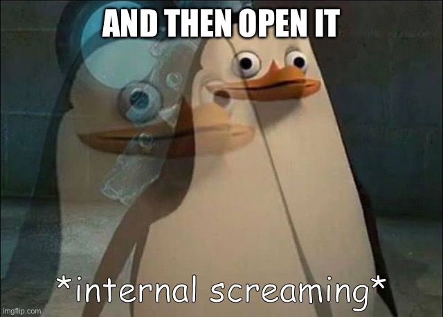 Private Internal Screaming | AND THEN OPEN IT | image tagged in private internal screaming | made w/ Imgflip meme maker