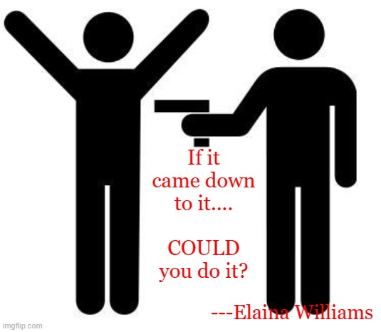 Gunpoint | If it came down to it....        
COULD you do it? ---Elaina Williams | image tagged in gunpoint | made w/ Imgflip meme maker
