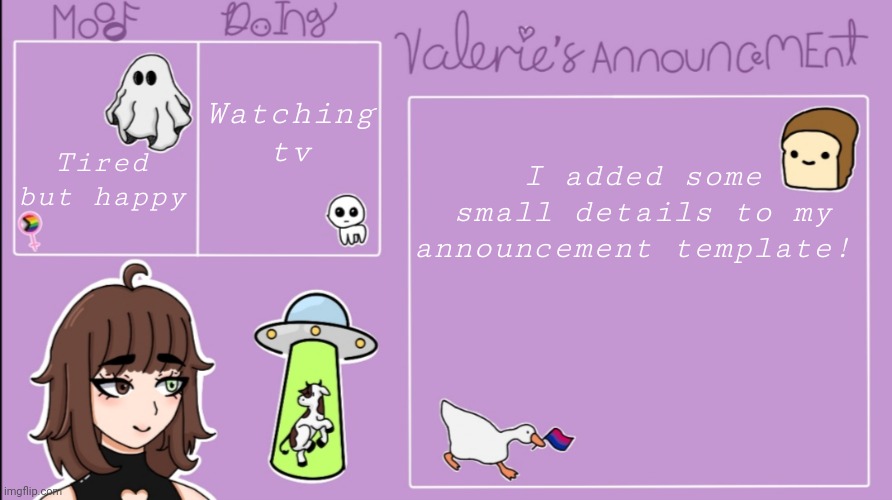Added some small details to my announcement template! | Watching tv; Tired but happy; I added some small details to my announcement template! | image tagged in valerie's announcement template updated,bi,pride | made w/ Imgflip meme maker
