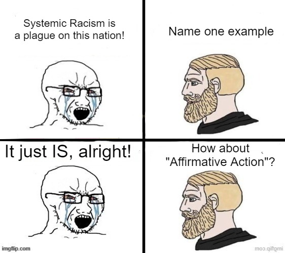 Want some more? | Name one example; Systemic Racism is a plague on this nation! It just IS, alright! How about "Affirmative Action"? | made w/ Imgflip meme maker