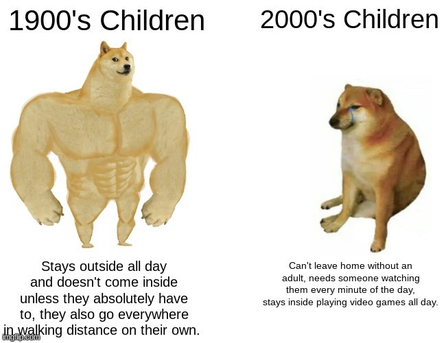 1900's v 2000's | image tagged in buff doge vs cheems | made w/ Imgflip meme maker