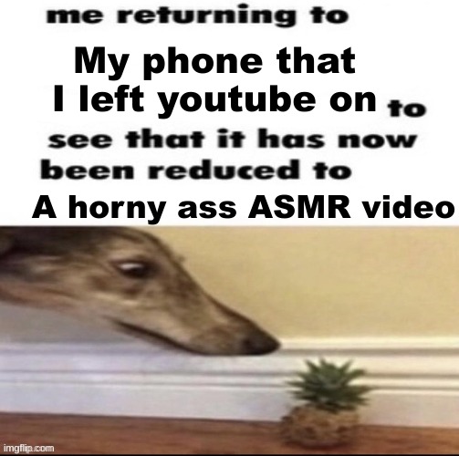 Youtube | My phone that I left youtube on; A horny ass ASMR video | image tagged in me returning to to see that it has now been reduced to,memes,shitpost,msmg,oh wow are you actually reading these tags | made w/ Imgflip meme maker
