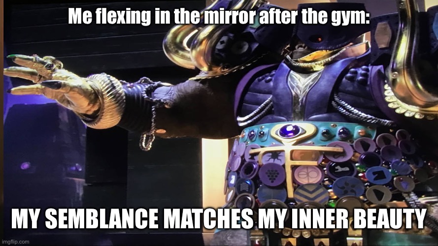 Emperor Calus Lightfall Meme | Me flexing in the mirror after the gym:; MY SEMBLANCE MATCHES MY INNER BEAUTY | image tagged in destiny 2,emperor,gym,beauty,flexing,mirror | made w/ Imgflip meme maker
