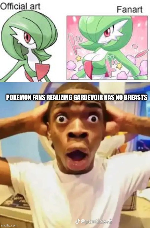 scrolled gardevoir fanart until i couldnt take it anymore (Gardi note: bruh) | POKEMON FANS REALIZING GARDEVOIR HAS NO BREASTS | image tagged in shocked black guy | made w/ Imgflip meme maker