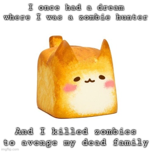 It was such a banger dream that I remember it to this day. | I once had a dream where I was a zombie hunter; And I killed zombies to avenge my dead family | image tagged in catbread | made w/ Imgflip meme maker